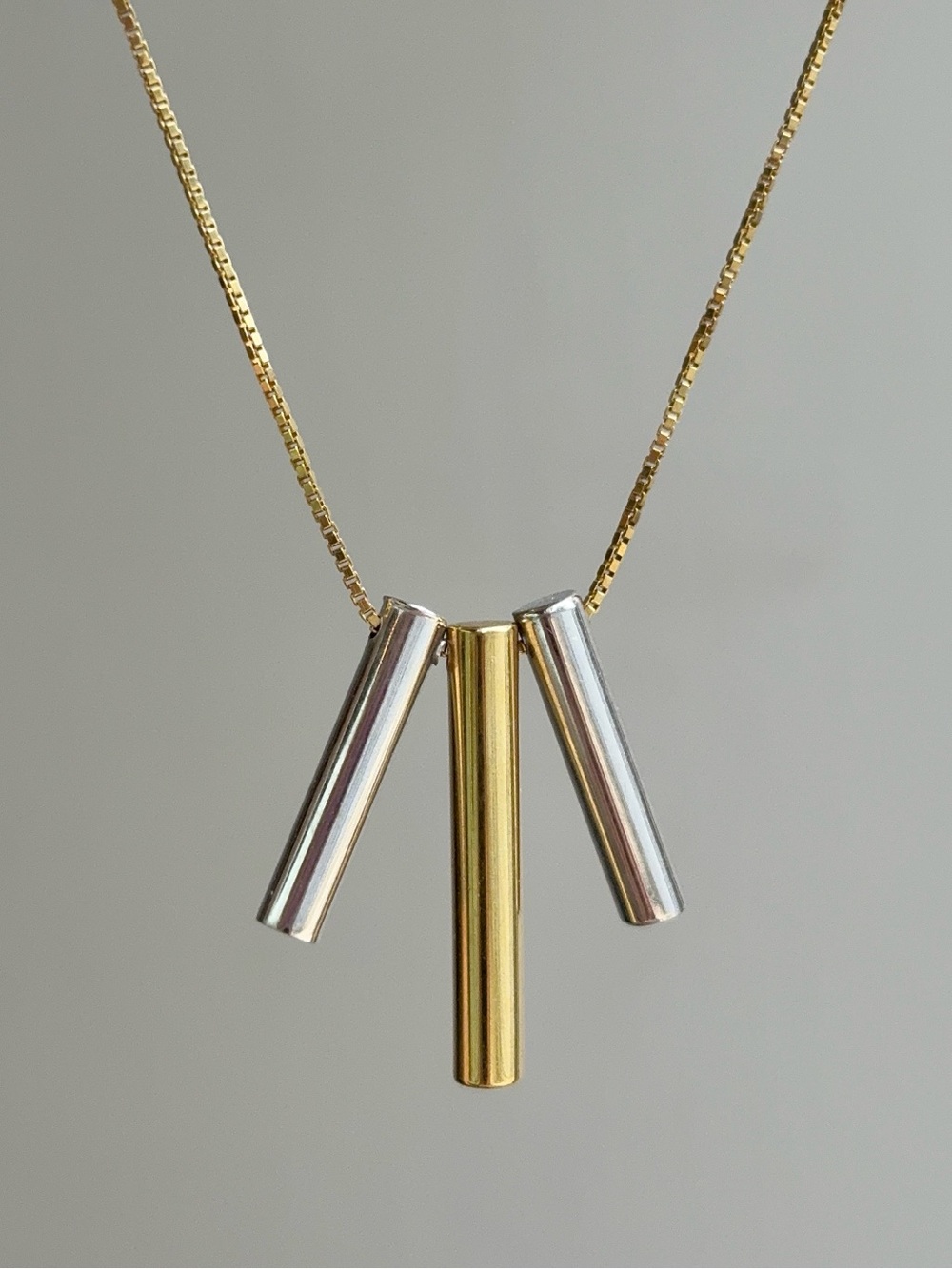 14K Vintage Two Tone White & Yellow Gold Tube Pendant Necklace